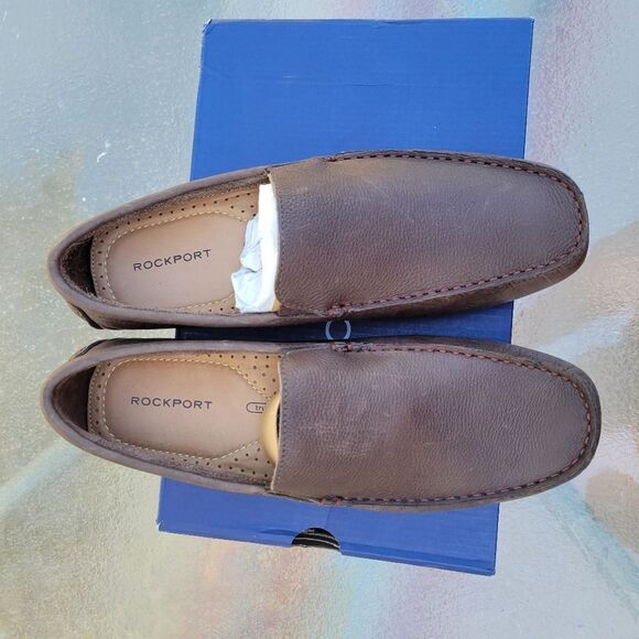 NEW ROCKPORT LEATHER DRIVERS BROWN SLIP ON PREPPY LOAFERS 7 1/2 MENS 7.5 BOX NWT - Picture 2 of 6